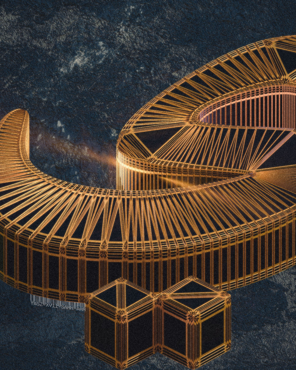 Gold geometric structure against a dark, starry space background