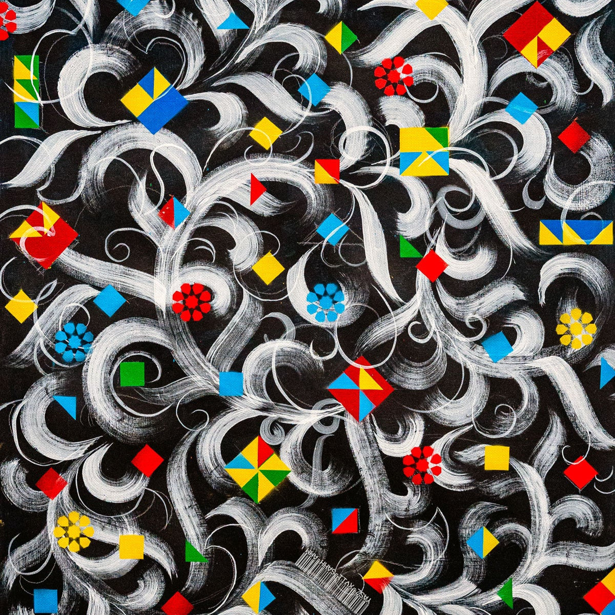 Decorative pattern Islamic patterns with black and white swirls and colorful geometric shapes on a black background