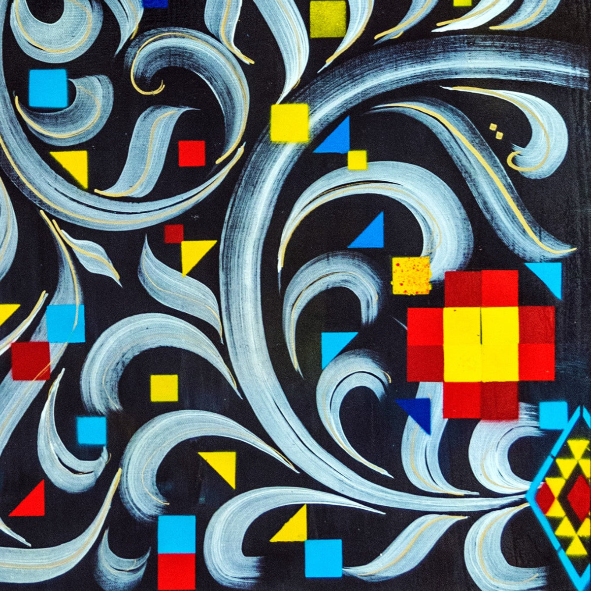 Abstract artwork with swirling patterns and geometric shapes on a dark background wall art