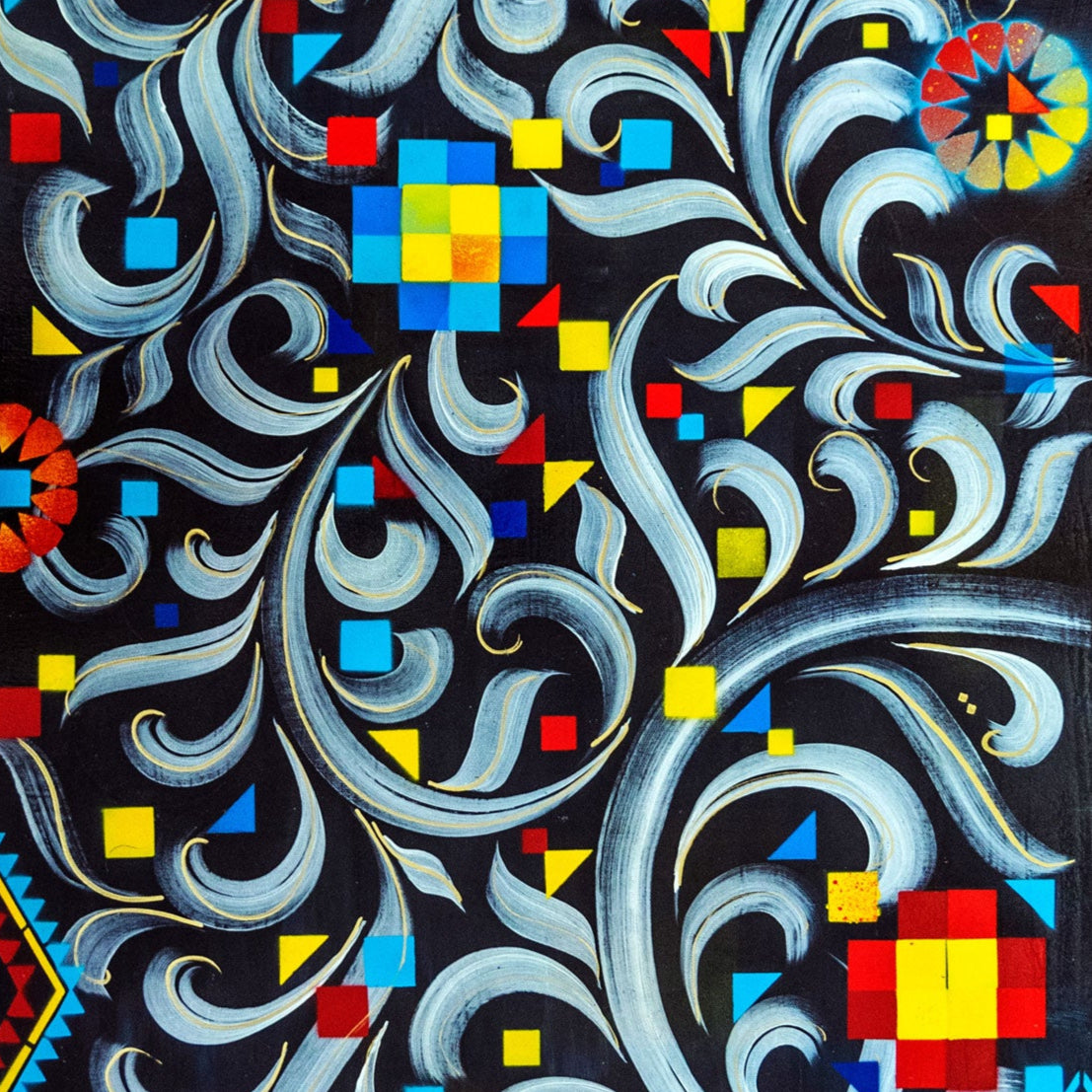 Abstract artwork with swirling patterns and colorful geometric shapes on a black background