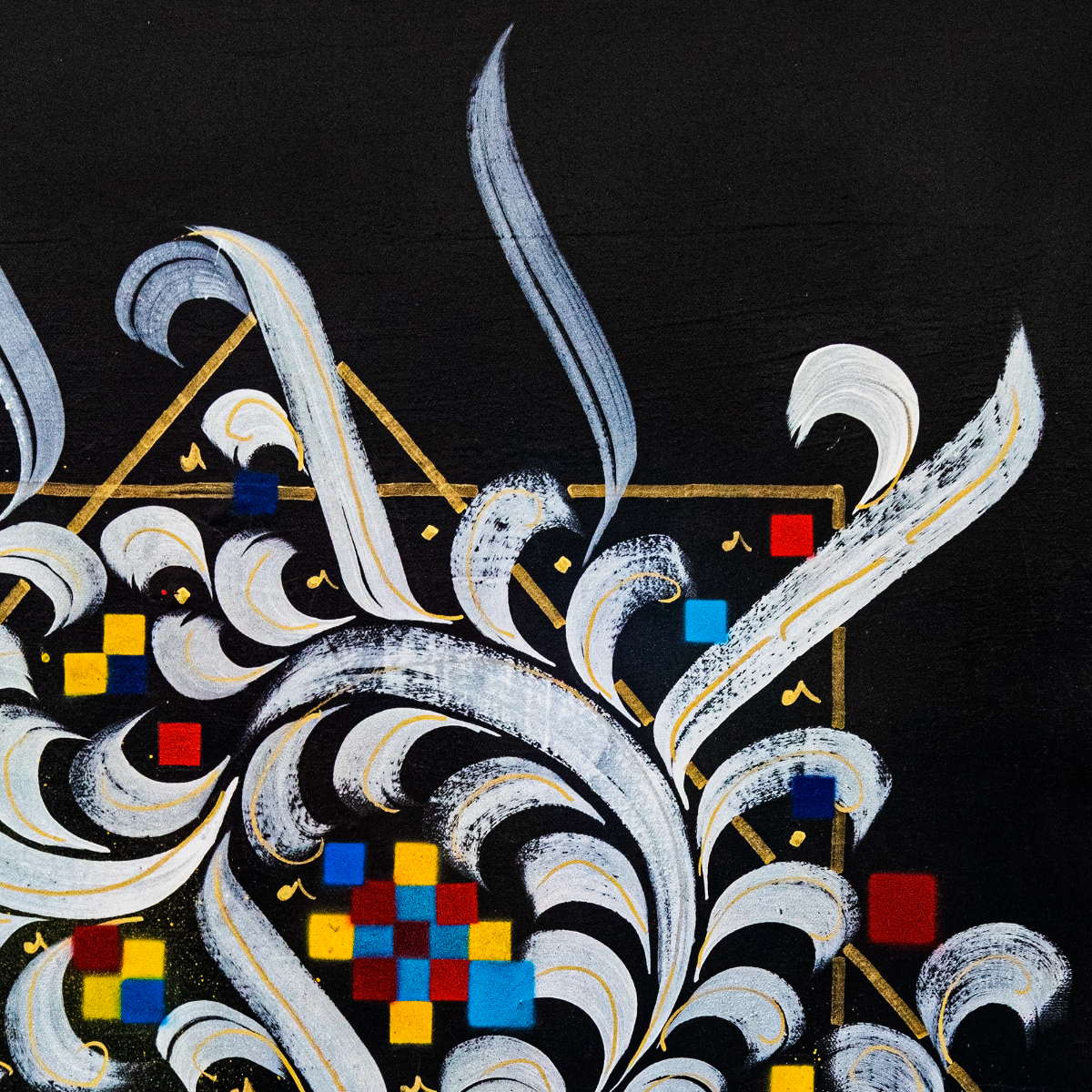 Decorative design with swirling patterns and colorful geometric shapes on a black background digital wall art