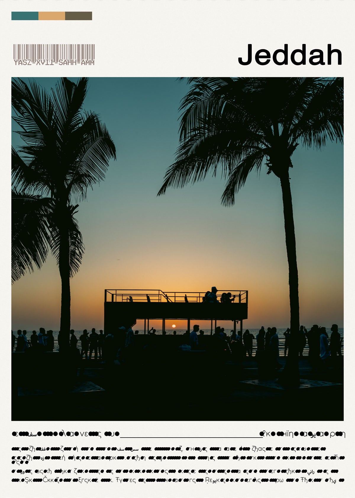 Silhouette of people on a beach with palm trees and sunset, labeled 'Jeddah'.