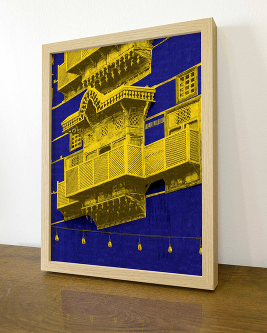 Framed artwork with a yellow architectural design on a blue background