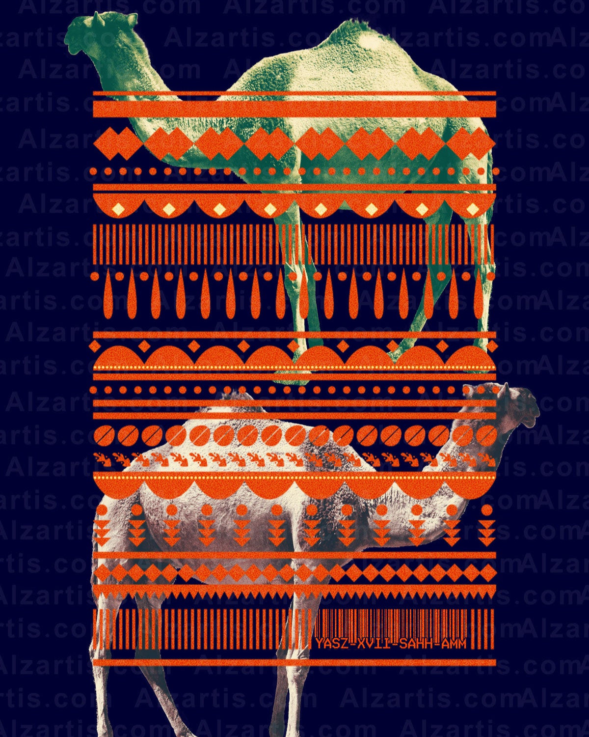 Decorative Camels with geometric patterns on a blue background