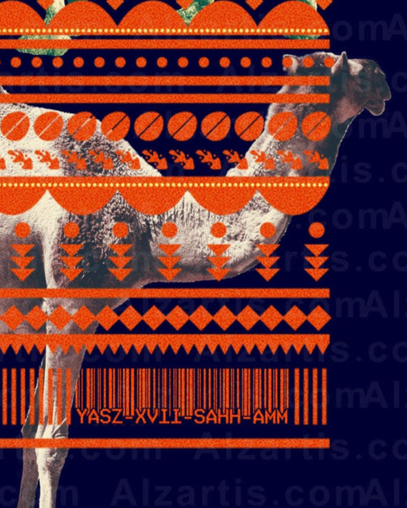 Camel with geometric pattern overlay on a dark blue background