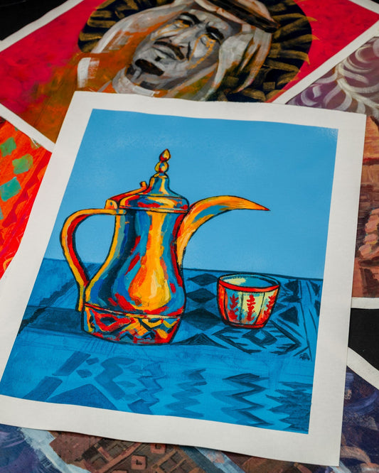 Colorful artwork of a teapot and cup on a blue background, surrounded by other artworks.