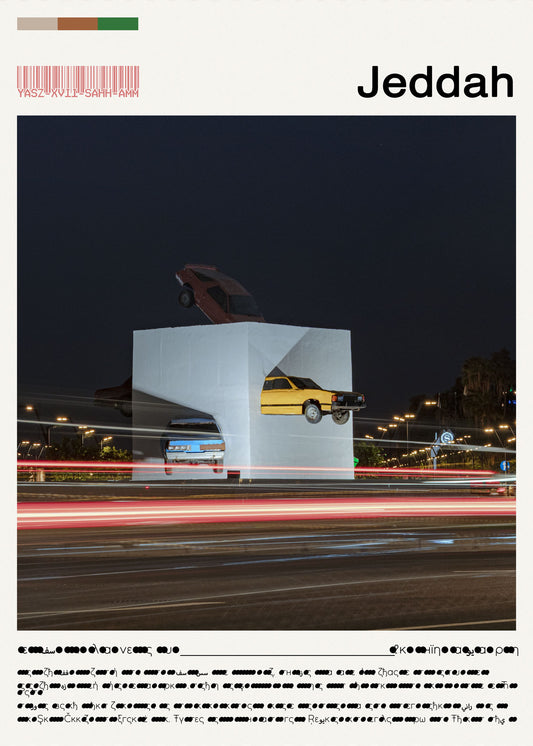 Modern architectural structure with a yellow car on a dark street at night, featuring the word 'Jeddah'.