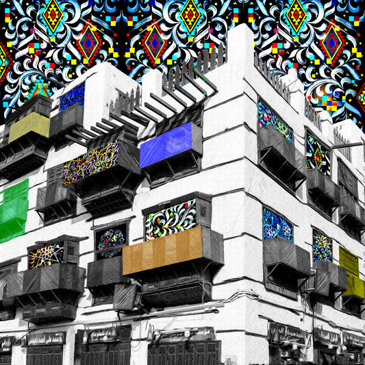 Digital art print of colorful balconies in Jeddah’s Al-Balad district – Balconies of Radiance by Saudi artist