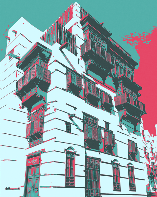 Stylized illustration of al balad building with geometric distortion on a teal and pink background