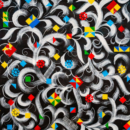Decorative pattern Islamic patterns with black and white swirls and colorful geometric shapes on a black background