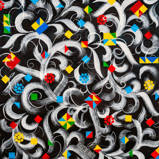 Decorative pattern Islamic patterns with black and white swirls and colorful geometric shapes on a black background