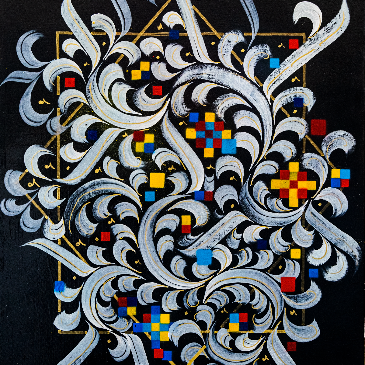 Decorative art piece with swirling patterns and colorful geometric elements on a black background wall art digital prints