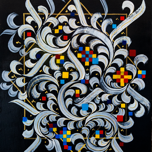 Decorative art piece with swirling patterns and colorful geometric elements on a black background wall art digital prints