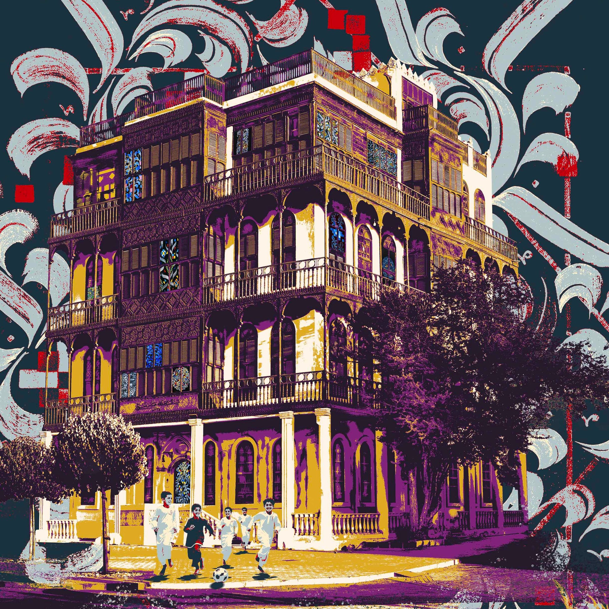 Colorful architectural illustration of a building with decorative elements