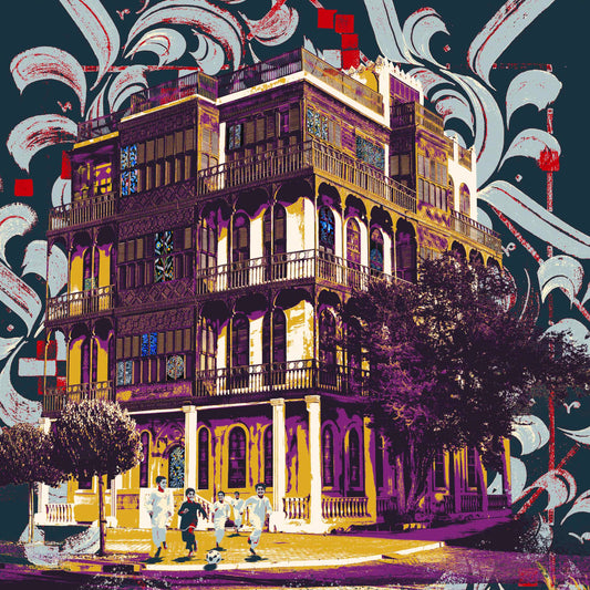 Colorful architectural illustration of a building with decorative elements