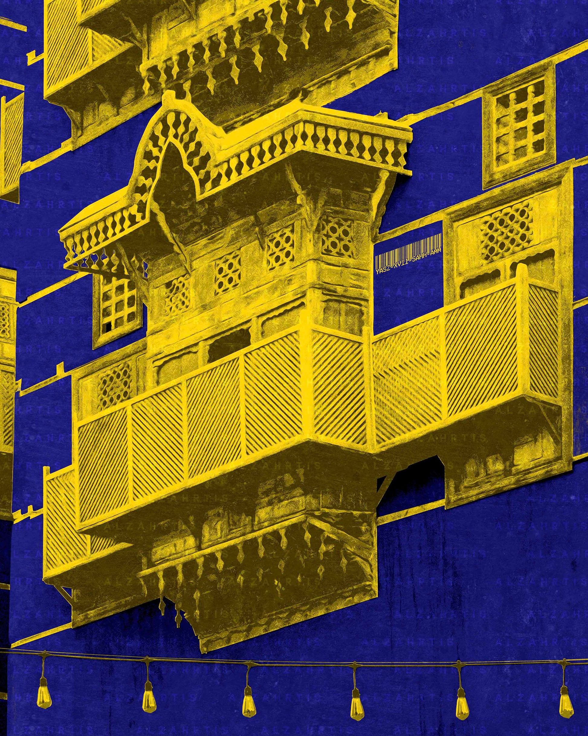 Yellow architectural structure on a blue background