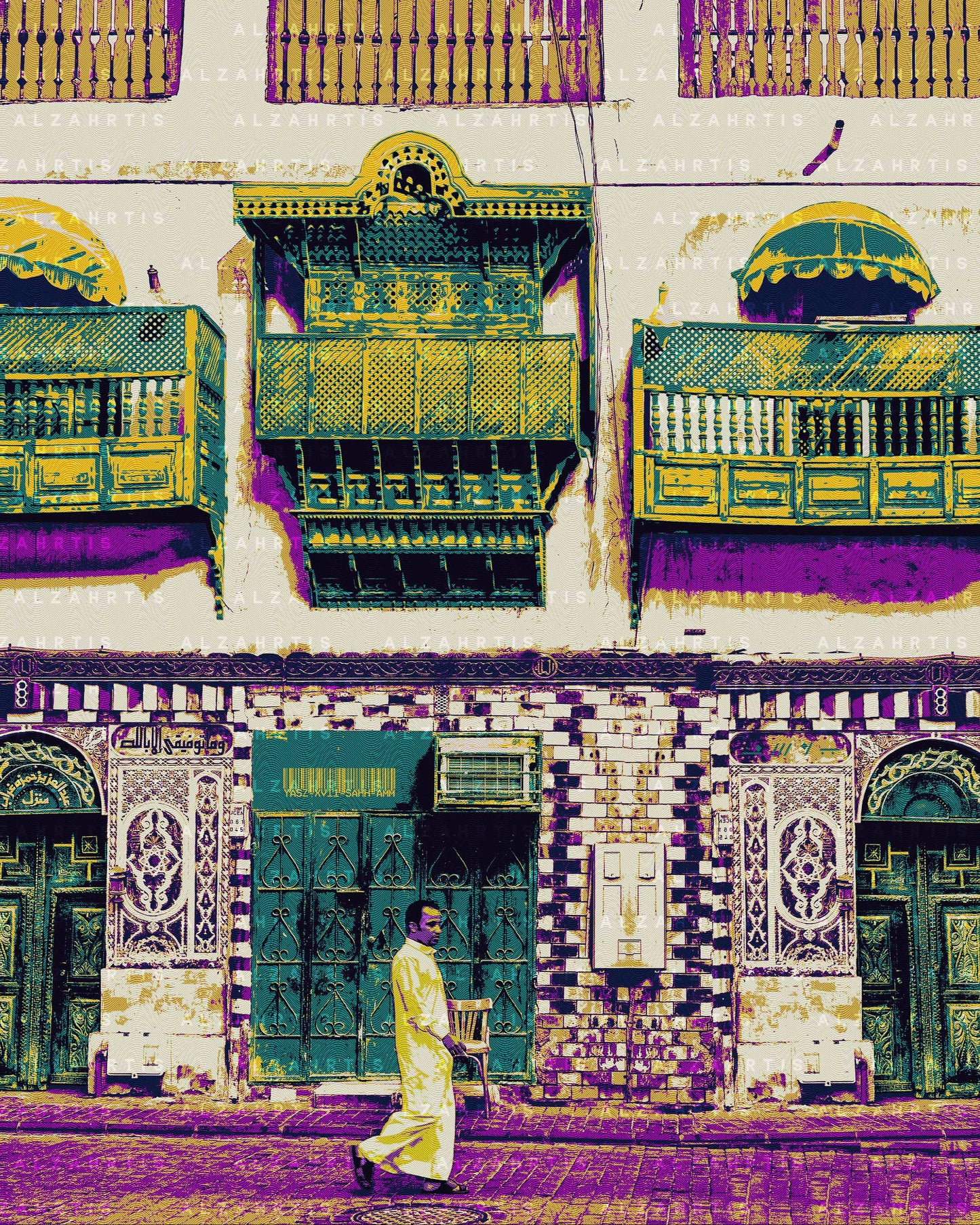 Colorful architectural pattern with a person walking on a street.