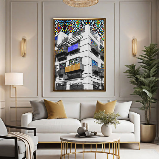 alt="Digital art print of colorful balconies in Jeddah’s Al-Balad district – Balconies of Radiance by Saudi artist"