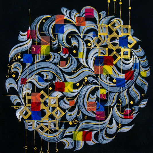 Colorful abstract arabesque design on a black background