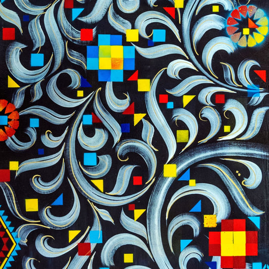 Abstract artwork with swirling patterns and colorful geometric shapes on a black background