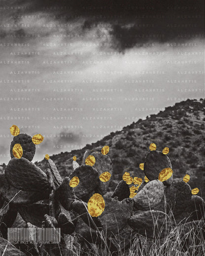 Collage of cacti with gold coins on a black and white landscape