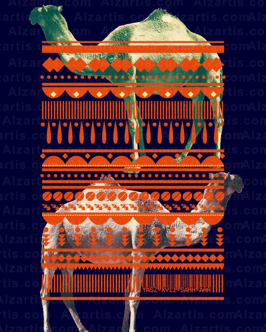 Decorative Camels with geometric patterns on a blue background