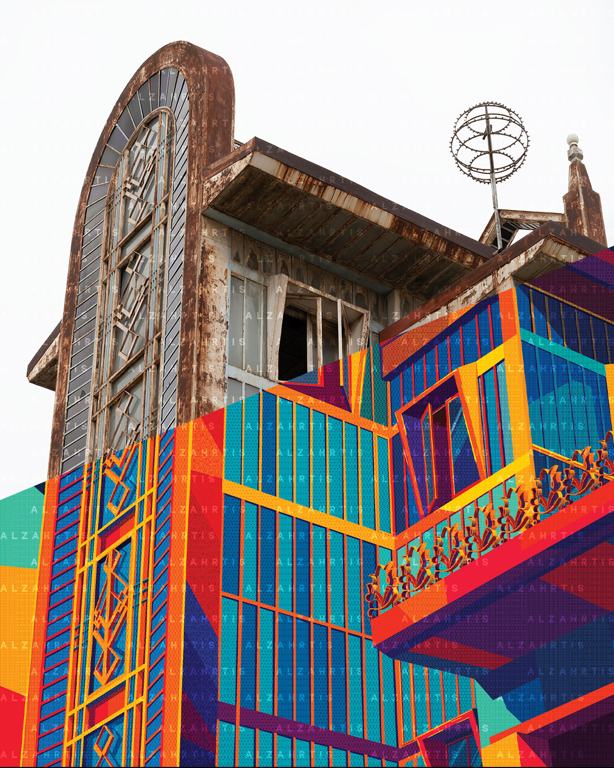 Colorful building facade with geometric patterns and a clock tower.