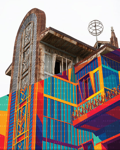 Colorful building facade with geometric patterns and a clock tower.