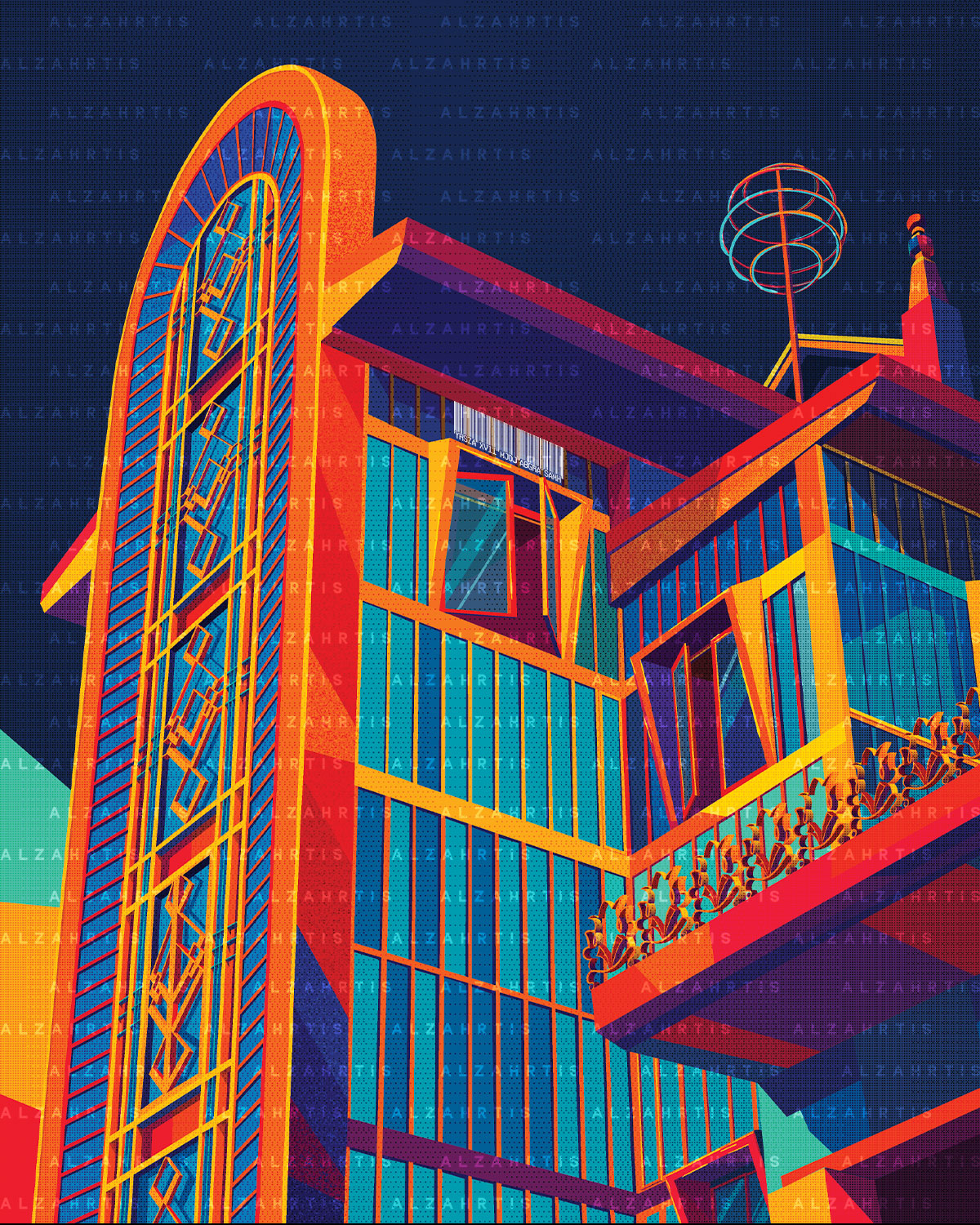 Colorful abstract building illustration with vibrant hues on a dark background
