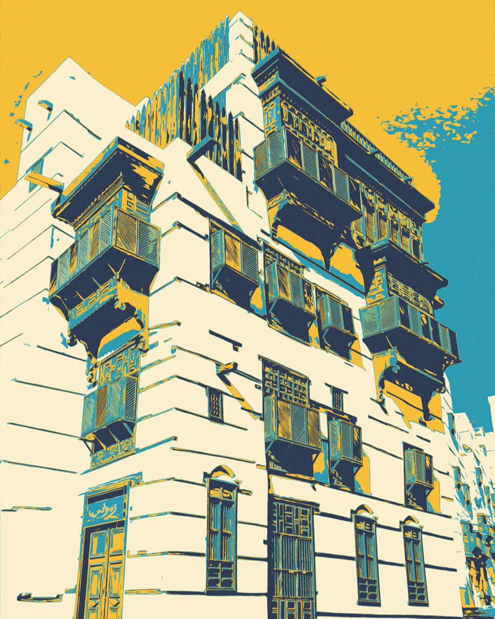 Stylized illustration of Al Balad in Jeddah building with geometric design elements on a yellow and blue background