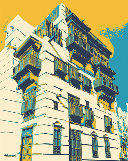 Stylized illustration of Al Balad in Jeddah building with geometric design elements on a yellow and blue background
